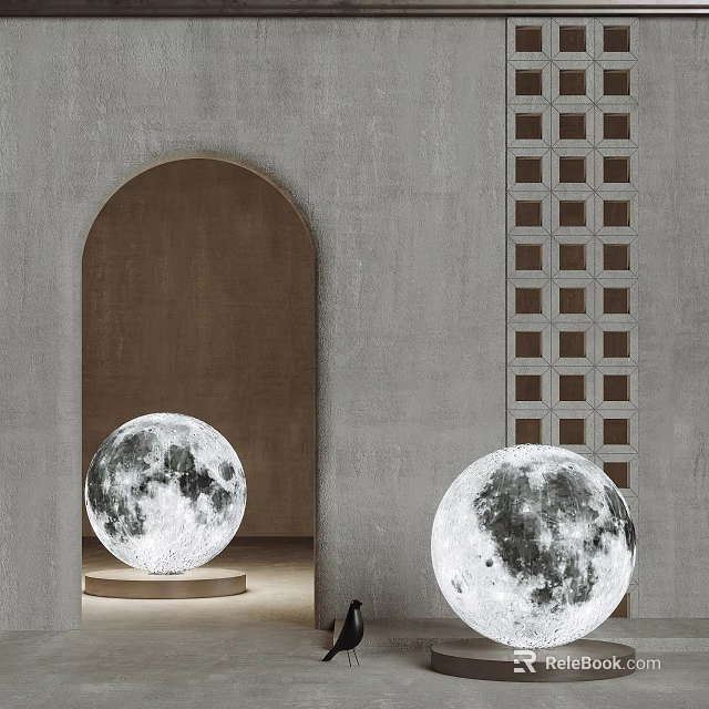 Two Moon Shaped Floor Lamps With Arched Mirror And Gray Wall Design 3d model 