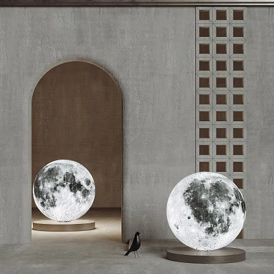 Two Moon Shaped Floor Lamps With Arched Mirror And Gray Wall Design 3d model