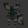 Green Robot With Red Striped Horn Pipes And Green Yellow Striped Creature Companion