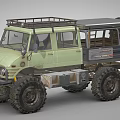 Green Off Road Utility Vehicle with Large Tires Roof Rack and Open Cargo Bed