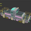Industrial Train With Blue And White Body Platform With Railings Top Control Cabin Yellow Components