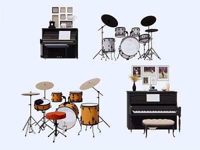 Colorful Instruments and Art Supplies with Piano Drum Set and Painting Tools 3d model