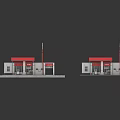 Gas Station Building Model With Red Canopy Fuel Pumps And Signage Posts