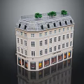 Multi story Commercial Residential Building With Storefronts Windows Roof Skylights And Green Plants