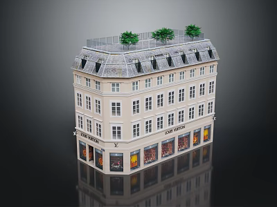 Multi story Commercial Residential Building With Storefronts Windows Roof Skylights And Green Plants 3d model