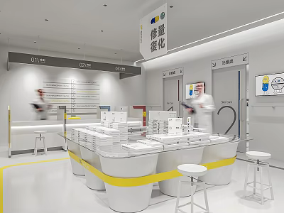 Modern Beauty Hair Salon Interior With White Counter Yellow Accents And Product Displays 3d model