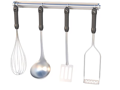 Kitchen Utensils Set with Hanging Rod Metal Whisk Ladle Spatula and Tongs 3d model
