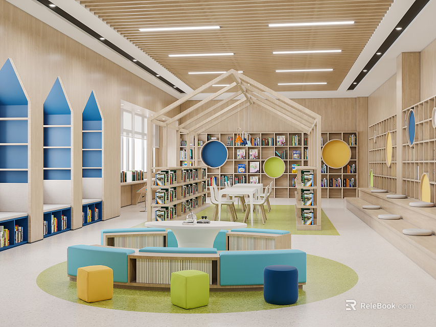 Colorful Children's Library Interior With Shelves And Sofas 3d model 