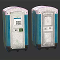 Two Blue And White Portable Toilets With TOB TOB Sign And Free Label