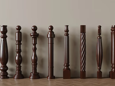 Various Wooden Baluster Designs With Carved And Smooth Column Styles 3d model