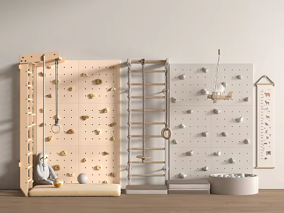 Wooden Indoor Climbing Wall With Rings Ladder And Safety Mat For Kids Activity 3d model