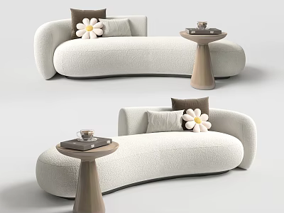 Modern Cream White Chaise Lounge With Curved Design Decorative Pillows And Wooden Side Table 3d model