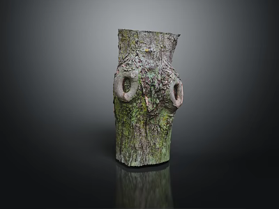 Stump Shaped Wood and Stone Decorative Piece with Natural Bark Texture and Circular Holes 3d model