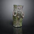 Stump Shaped Wood and Stone Decorative Piece with Natural Bark Texture and Circular Holes