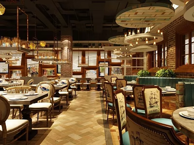 Elegant Vintage Restaurant Interior With Wooden Chairs Round Pendant Lights And Herringbone Floor 3d model