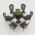 Round Dining Table Set With Six Elegant Chairs Tableware And Central Flower Arrangement 3d model