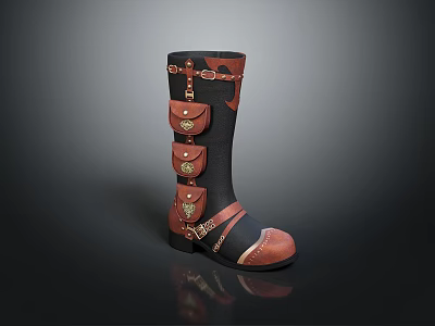 Black and Red Leather Boots With Multiple Belts Pockets and Metal Buckles Design 3d model