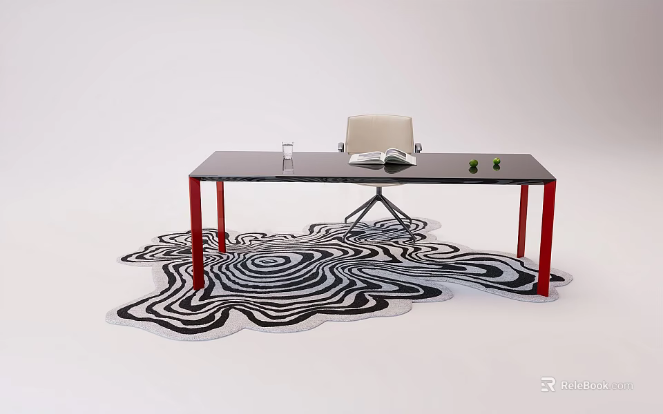 Modern Office Desk Setup With Red Legs Black Top Chair And Wavy Rug 3d model 
