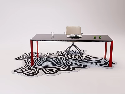 Modern Office Desk Setup With Red Legs Black Top Chair And Wavy Rug 3d model