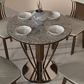 Modern Round Dining Table Set With Patterned Top Four Wooden Leg Chairs And White Bowls