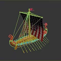 Ancient Warship With Red White Sails Decorative Bow Oars And Shield Details