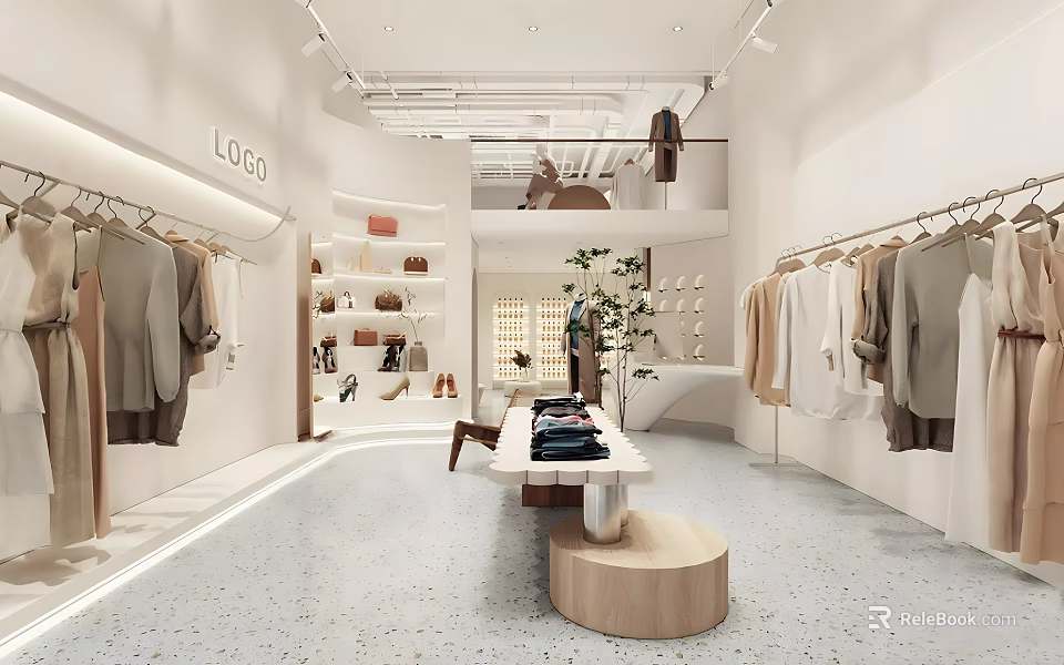 Modern Clothing Store Interior With Hanging Apparel Shelves And Display Racks 3d model 