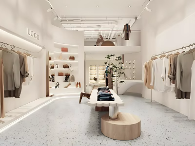 Modern Clothing Store Interior With Hanging Apparel Shelves And Display Racks 3d model