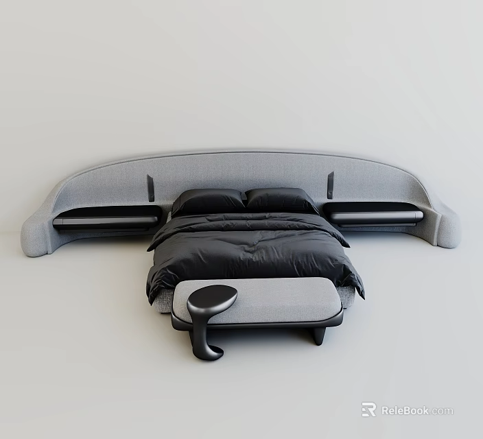 Modern Double Bed With Curved Headboard Black Bedding Footstool And Small Round Table 3d model 