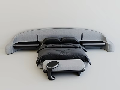 Modern Double Bed With Curved Headboard Black Bedding Footstool And Small Round Table 3d model