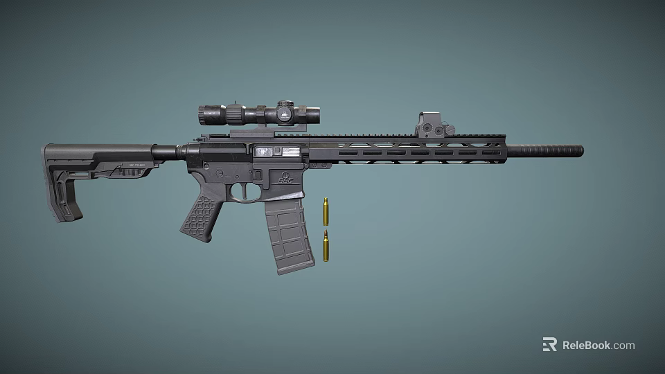 Modern Tactical Rifle With Scope Magazine Barrel And Ammunition Bullets 3d model 