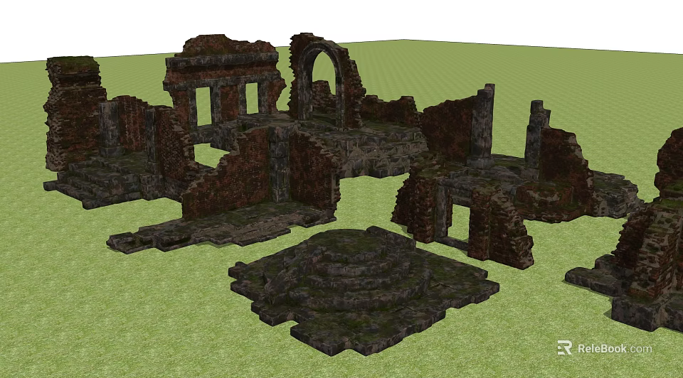 Ancient Stone Ruins With Arched Openings Moss Covered Steps And Blocks 3d model 