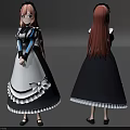 Game Movie Character 3D Model Featuring Long Pink Hair Black White Dress Front Back Views