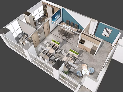 Modern Office Interior Design With Open Layout Workstations Meeting Table And Lounge Area 3d model