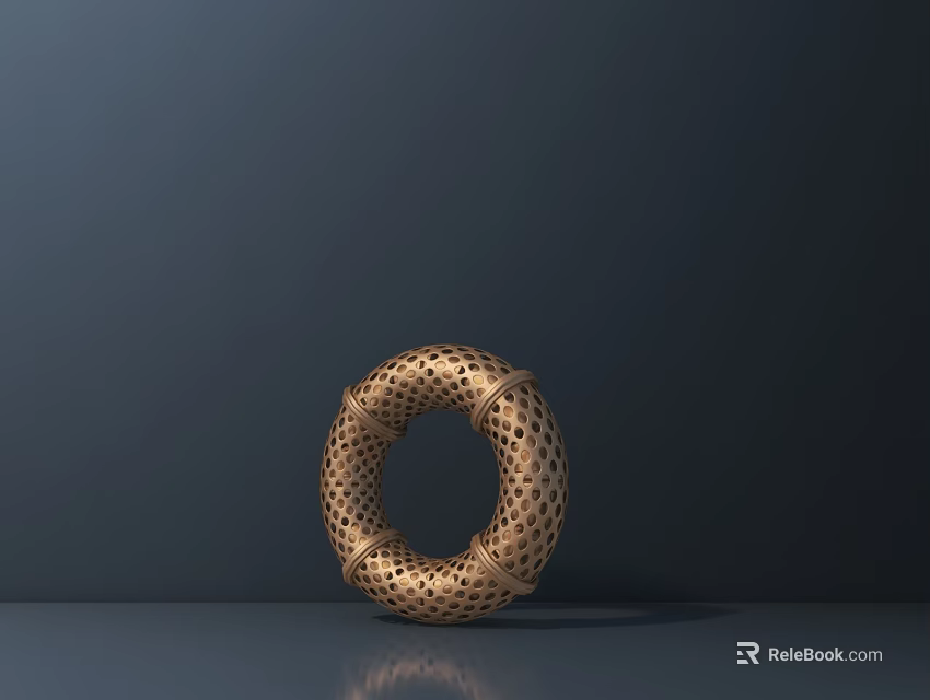 Golden Circular Sculpture Featuring Intricate Hollow Mesh Texture On Dark Flat Surface With Base Reflection 3d model 