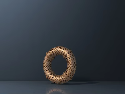 Golden Circular Sculpture Featuring Intricate Hollow Mesh Texture On Dark Flat Surface With Base Reflection 3d model
