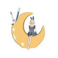 Moon Shaped Decorative Ornament Set With Star Accents And Girl Figure In Blue Dress