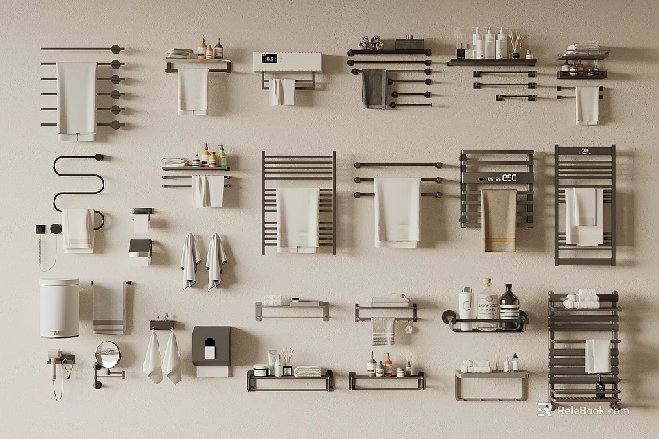 Various Towel Styles Displayed With Bathroom Racks And Storage Accessories 3d model 