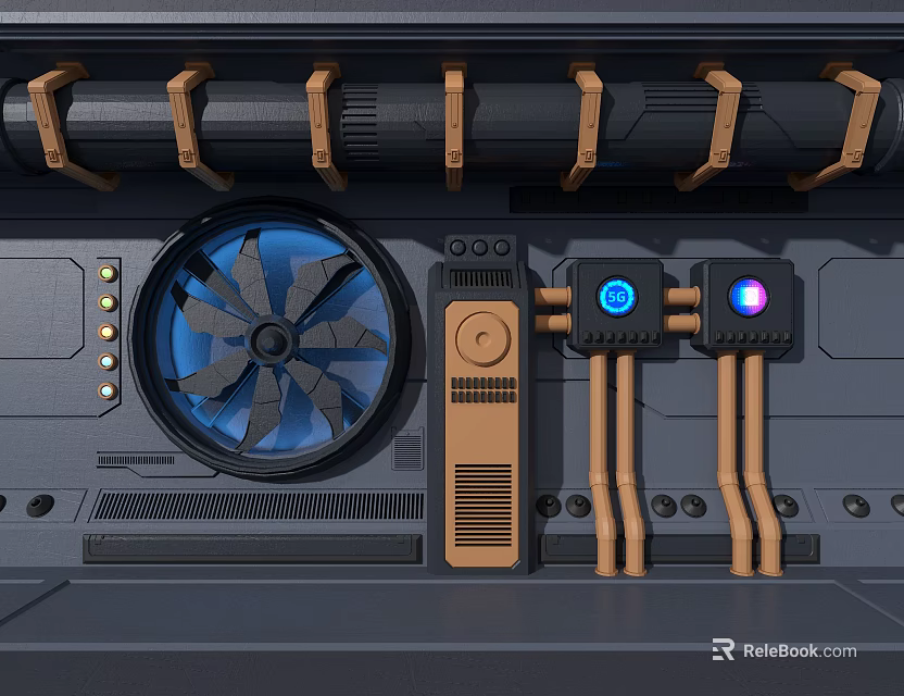 Industrial Tech Mechanical Device With Blue Fan Control Panel And Connected Pipes 3d model