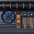 Industrial Tech Mechanical Device With Blue Fan Control Panel And Connected Pipes 3d model