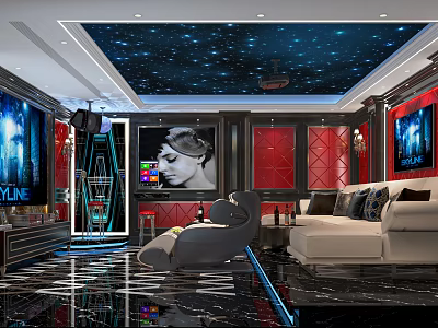 Modern Home Theater Interior Design With Starry Ceiling Large Screen TV And Comfortable Sofa 3d model