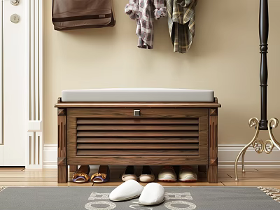 Wooden Entryway Storage Bench With Upholstered Seat Hanging Clothes And Shoes 3d model
