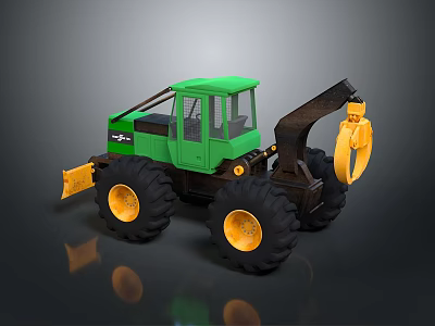 Green Logging Forestry Machine With Large Black Wheels And Yellow Front Claw 3d model