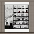 Elegant Chinese Style Tea Sets Displayed On Shelves With Landscape Painting