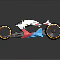 Futuristic White Red Blue Motorcycle With Streamlined Body And Orange Rimmed Wheels
