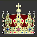 Home Decorative Red Velvet Crown With Golden Ornaments Colorful Gemstones Pearls And Cross On Top