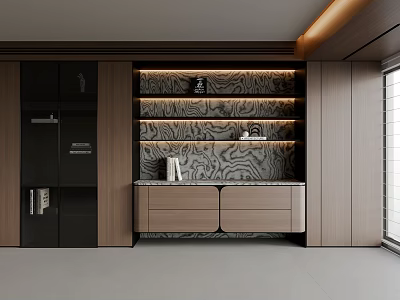 Modern Bookcase Design With Layered Shelves Marble Backdrop And Ambient Lighting 3d model