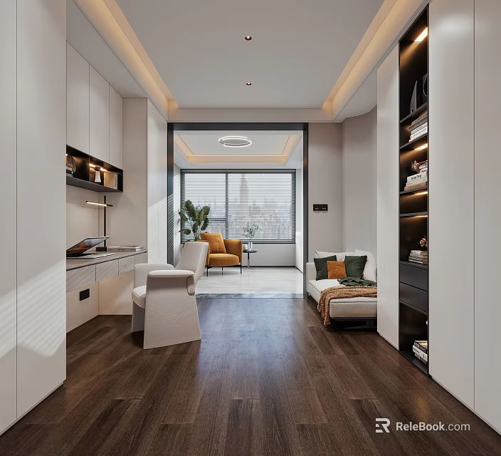 Modern Study Room Interior With Work Desk Storage And Sofa 3d model