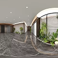 Modern Elegant Office Corridor Interior With Marble Flooring Green Plants And Lattice Partition