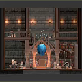 Cartoon Medieval Scene With Stone Walls Wooden Platforms Lit Torches Red Carpet And Central Archway
