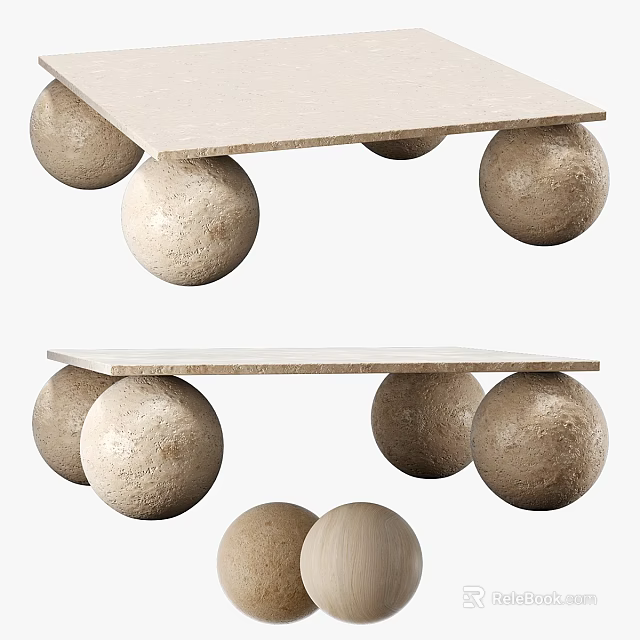 Wooden Coffee Table with Light Colored Top Supported by Spherical Legs 3d model